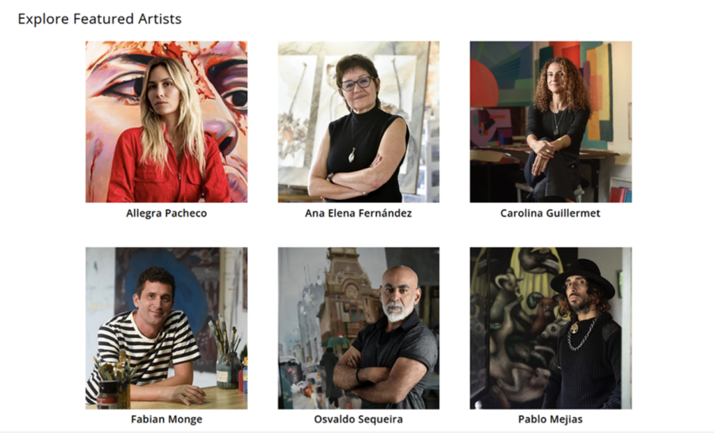 Screenshot from MÍRAME Fine Art, showing a selection of the gallery's artists. This image is used in a CompanyGlance article about art and technology.